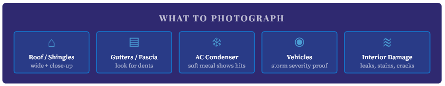 Photograph your roof and shingles, gutters and fascia, ac condenser, vehicles, and interior damage for insurance claims before any cleanup or repairs begin.