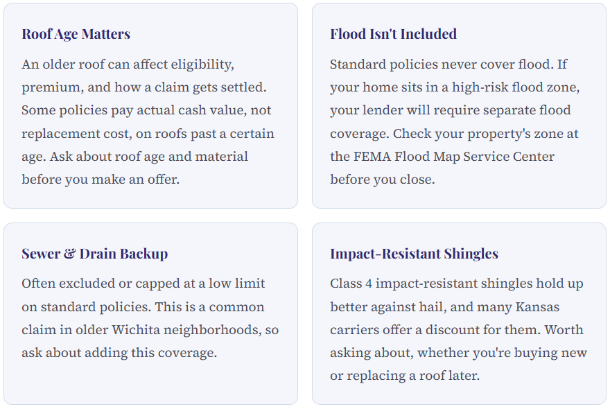 Other things to keep in mind about your homeowners insurance include roof age, floods, sewer & drain backup, and impact-resistant shingles
